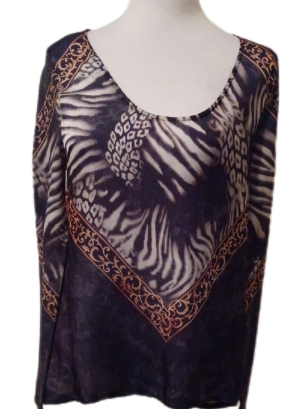 << Cache Black and Brown Animal-Print Long-Sleeve Blouse Women's Size Small